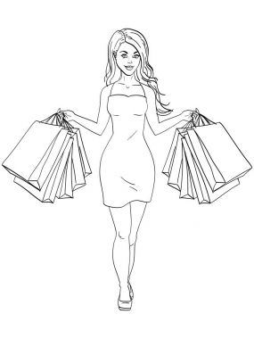 Kız alışveriş ile. Bir sürü kıyafet satın aldı. Hediyelik çanta moda. Boyama kitabı vektör çizim nesnesi