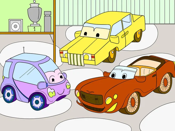 Książki kolor kreskówka dla dzieci dla chłopców. Wektor garaż z samochodów na żywo — Wektor stockowy