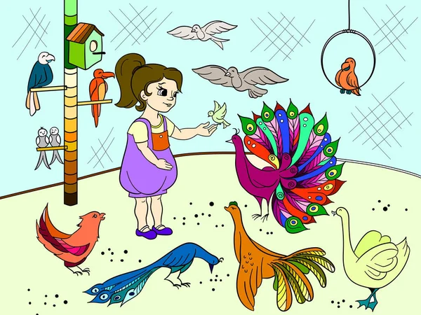 Los niños dibujos animados colorean el zoológico de las aves de contacto. Libro de dibujos para pájaros. Ornitología para la niña — Vector de stock