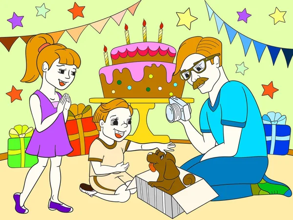 Los niños de dibujos animados de color de la fiesta. Cumpleaños con regalos, un tiro memorable. El muchacho regalará el perrito al muchacho . — Vector de stock