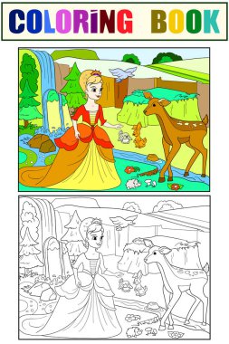 Snow White in the woods with animals. Tale, cartoon, color book black lines on a blank background. Coloring, black and white vector