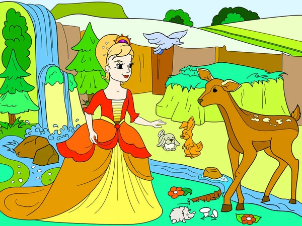 白雪公主在树林里和动物们在一起。故事, 卡通, 彩色书黑色线条在空白背景上 — 图库矢量图片