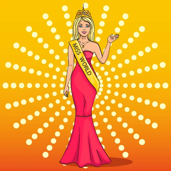 Extraño el mundo de la belleza. La chica, la ganadora del concurso de modelos. Vector, arte pop. La imitación del estilo cómico . — Vector de stock