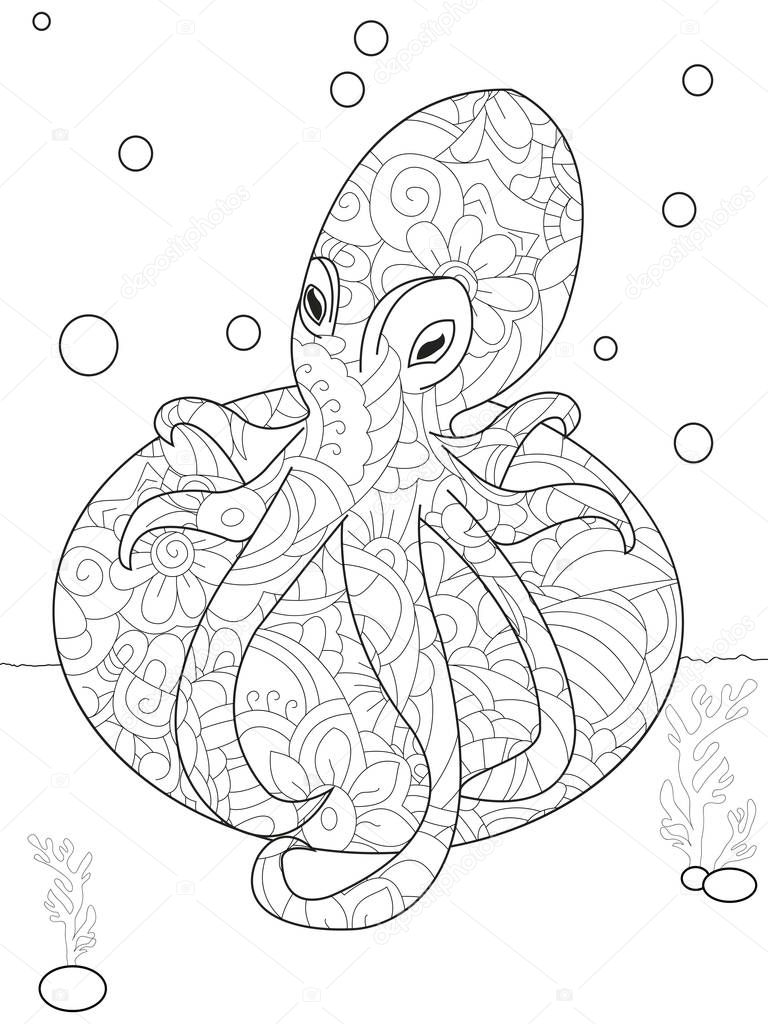 Octopus on the stone anti stress coloring. Marine animal vector