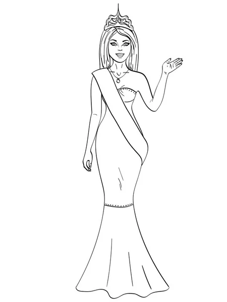 Extraño el mundo de la belleza. La chica, la ganadora del concurso de modelos. Objeto sobre fondo blanco. Libro para colorear — Vector de stock