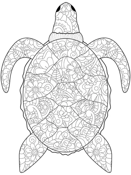 Anti stress colorazione animale marino. Linee nere tartaruga su sfondo bianco. Vettore — Vettoriale Stock