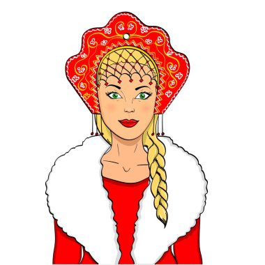 Rus kız bir tırpan ile ve kokoshnike. Rusya'nın ulusal giysiler. Beyaz bir arka plan üzerinde vektör nesnesi