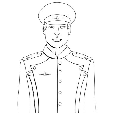 Sanat el ilanı adam mavi üniformalı pop. Taklit comic stili. Beyaz bir arka plan üzerinde vektör nesnesi. Uçak pilot veya havacı. Boyama kitabı