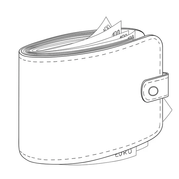 Mans bolsa cheia de dinheiro. Rendimento do euro, riqueza. Objeto vetorial sobre fundo branco. Livro para colorir — Vetor de Stock