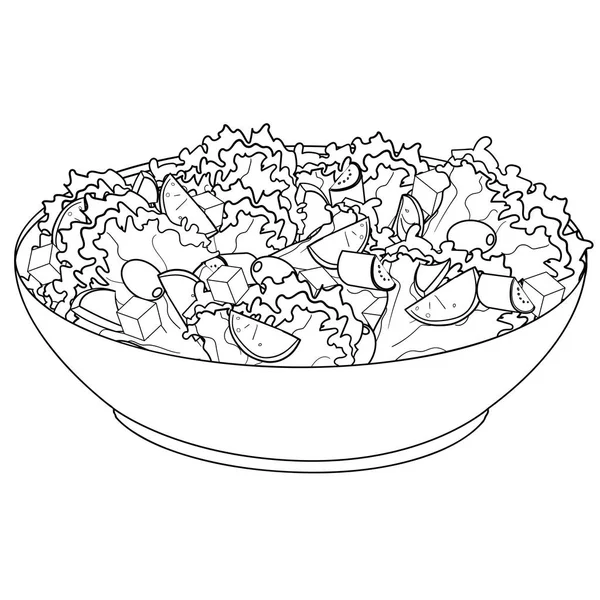 Ensalada griega o ensalada Horiatiki. Nutrición adecuada. Alimento vector objeto para colorear libro — Archivo Imágenes Vectoriales