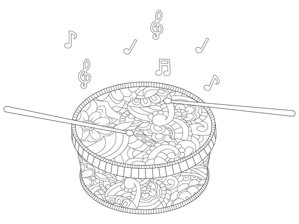 Anti-Stress-Musikinstrument, Trommel mit Essstäbchen Vektor. Kinder Färbung, Farbe, schwarz und weiß — Stockvektor