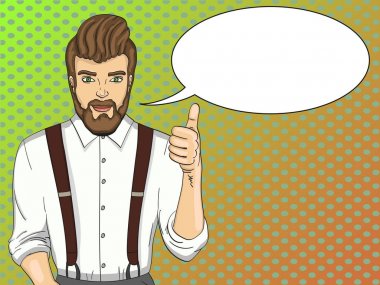 Pop art vektör. Reklam Güzellik Salonu, Kuaför, berber dükkanı. Metin kabarcık. Modeli, adam, sakal, saç kesimi, elbise ve pantolon askısı.