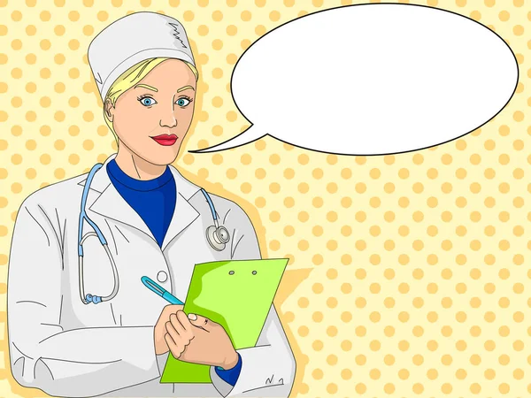 Doctora. Una chica con bata y ropa médica. Burbuja de texto. Pop art vector — Archivo Imágenes Vectoriales