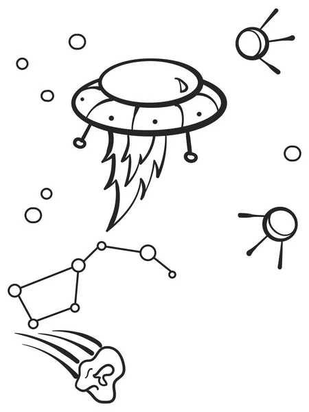 Transportul spaţial, extratereştrii pe cer. Constelaţie şi vector de cometă. Desene animate copii de colorat, alb-negru — Vector de stoc