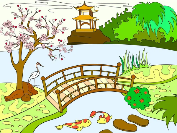 Natureza do Japão livro de cores para desenhos animados infantis. Vetor de jardim japonês — Vetor de Stock