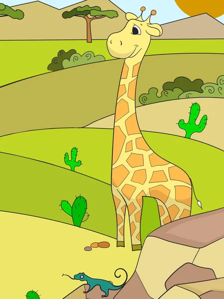 Діти картина мультфільм тварин сафарі. Жирафа ходьба на галявині. Вектор — стоковий вектор