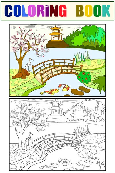 Natur Japans Farbbuch für Kinder Cartoon. Japanischer Garten Färbung, schwarz und weiß — Stockvektor