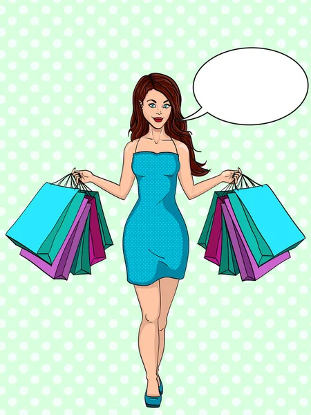 Girl with shopping. I bought a lot of clothes. Gift bags. Fashion illustration. Pop art. Text bubble. — Stock Vector