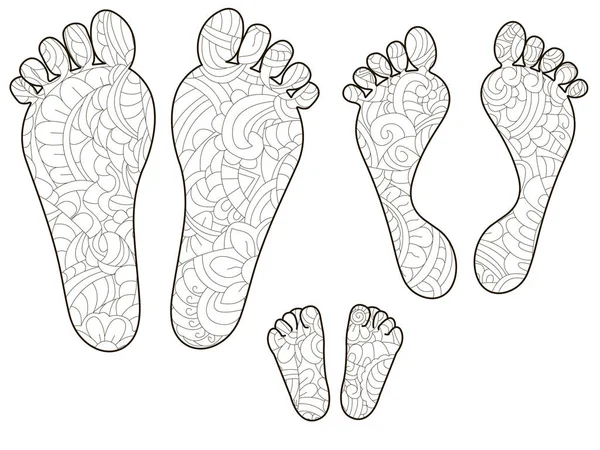 Empreintes de pas, papa, maman et bébé. Coloration anti stress, vecteur pour adultes . — Image vectorielle