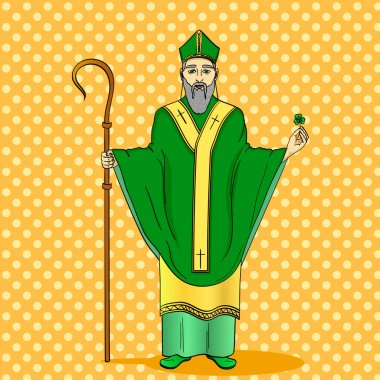 Pop art patron saint of Ireland. Saint Patrick holding a trefoil and crosier staff with greeting ribbon clipart