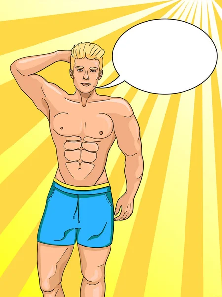 Hombre símbolo sexual en la playa. Ilustración del vector del arte pop. Imitación de estilo cómico. Burbuja de texto . — Vector de stock