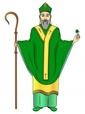 Pop art patron saint of Ireland. Saint Patrick holding a trefoil and crosier staff with greeting ribbon. Object on a white background clipart