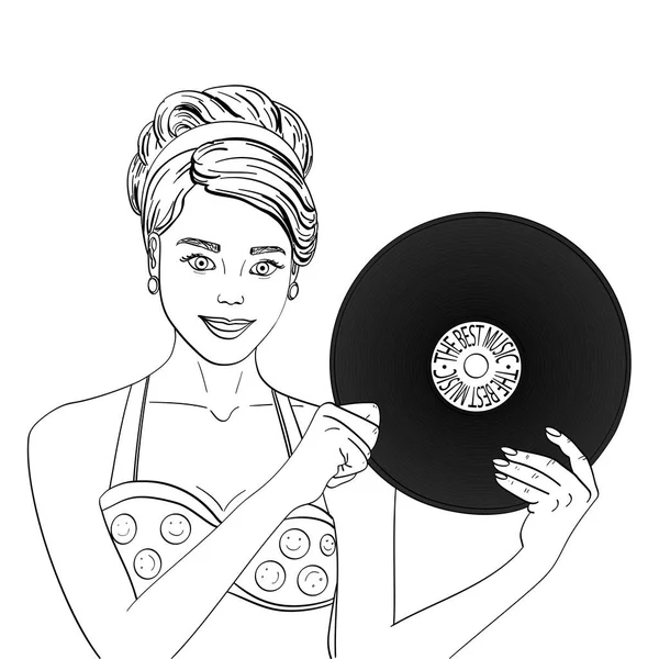 ポップアート蓄音機レコードを持つ幸せな若い女性。音楽板のベクトル。模倣コミック スタイル。オブジェクトの塗り絵 — ストックベクタ