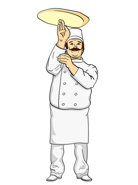 El hombre cocina pizza. Chef tirando masa de pizza. Imitación de estilo de cómic. Estilo retro vintage. Objeto sobre fondo blanco — Vector de stock