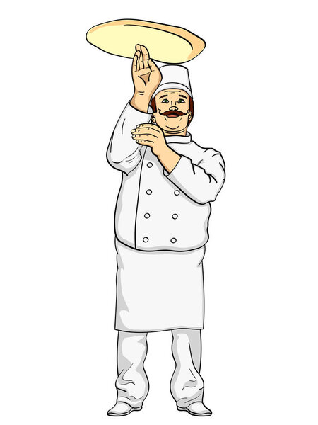 Man cook pizza. Chef tossing pizza dough. Comic book style imitation. Vintage retro style. Object on a white background