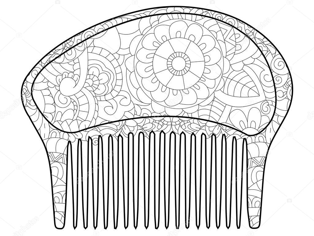 comb for the hair. Coloring book for adult, antistress coloring pages. Hand drawn vector isolated illustration