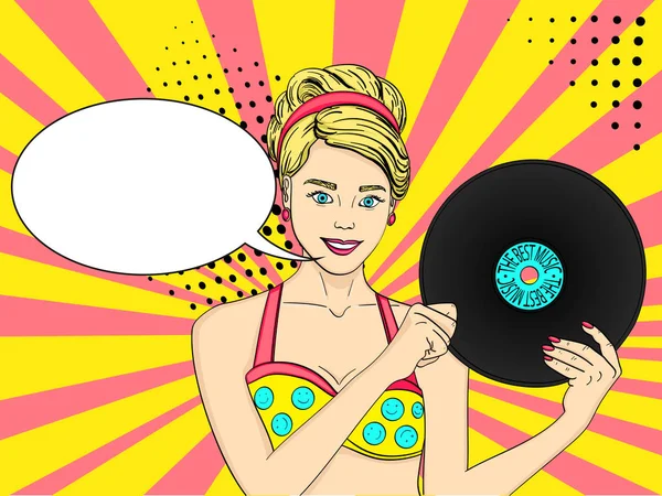 Arte pop mujer joven feliz con un registro fonógrafo. Vector de placa musical. Imitación de estilo cómico. Burbuja de texto . — Vector de stock