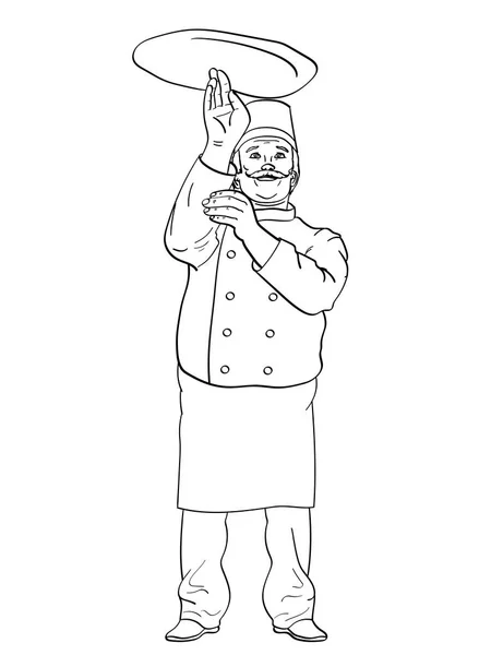 Mann kocht Pizza. Koch wirft Pizzateig. Nachahmung im Comic-Stil. Vintage-Retro-Stil. Objekt Malbuch — Stockvektor