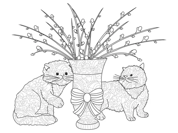 Fluffy pussy willow bouquets, two kittens. An arrangement in the vase. Anti stress coloring, vector — Stockový vektor