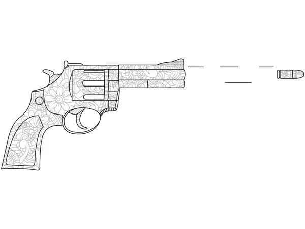 Colorear para adultos. El revólver dispara, la bala vuela. Patrones, líneas caóticas, negras, fondo blanco. Arma vectorial salvaje oeste — Archivo Imágenes Vectoriales