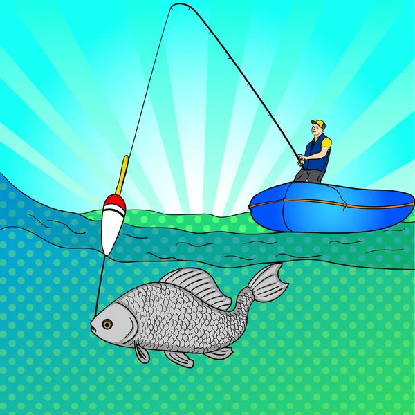 Поп-арт человек, который рыбачит в открытом море. Рыбацкий мультик. Рыбак в лодке тянет рыбу. Имитация стиля Vector Image Comic — стоковый вектор