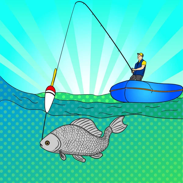 Pop art hombre que pesca en mar abierto. Caricatura de pesca. Pescador en barco tirando de pescado. Imagen vectorial Imitación de estilo de cómic — Vector de stock