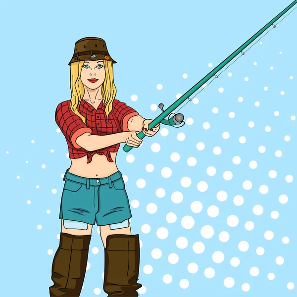 Femme pêcheuse sur la rivière, fille pêcheuse. illustration vectorielle rétro pop art. Fond couleur. imitation de style BD . — Image vectorielle