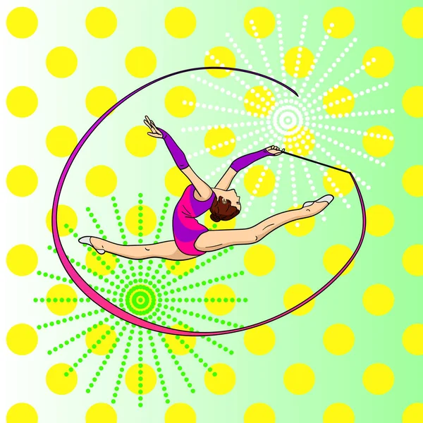 Popart ritmische gymnastiek, meisje met een lint op touw. Kleur achtergrond. Comic book stijl imitatie. — Stockvector