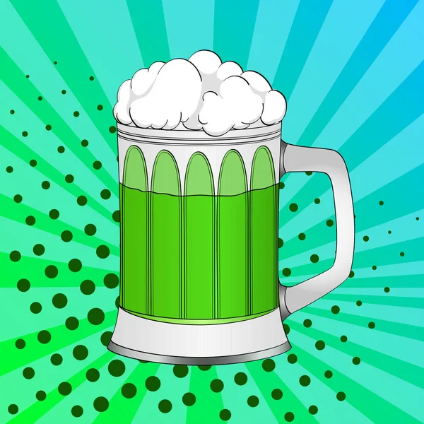 Pop art Saint Patricks Day, green beer in a glass mug. Color background. Comic book style imitation. — Stock Vector