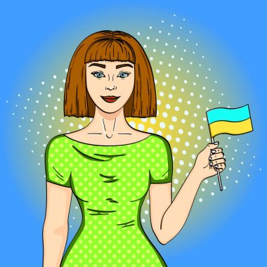 Pop art Happy young girl with the Ukrainian flag, looking at the camera. Comic style imitation clipart