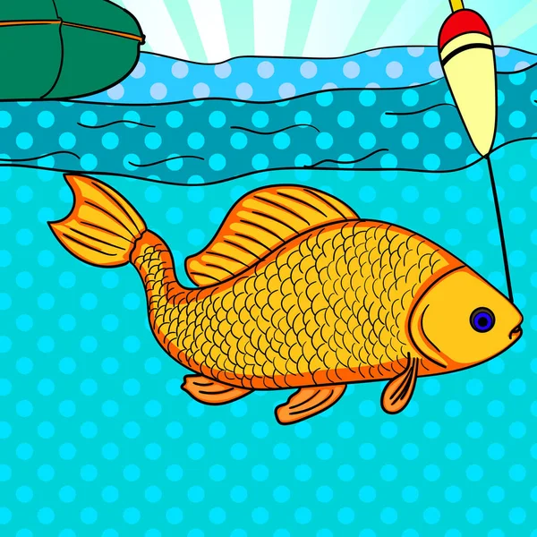 Pop art fishing. Fish caught on the hook. Carp is close to the camera. Image Comic book style imitation — Stock Vector