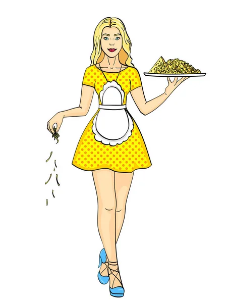 Kaas gegoten de meisje kok, serveerster sexy. Imitatie van de stijl van strips. Vintage retro style-object op witte achtergrond — Stockvector