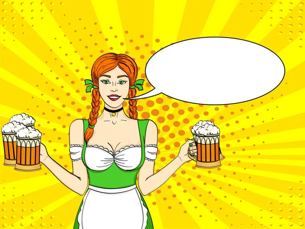 Pop art Alemania La camarera lleva cinco vasos de cerveza. Concepto oktoberfest. Imitación de estilo de cómic. Burbuja de texto . — Archivo Imágenes Vectoriales