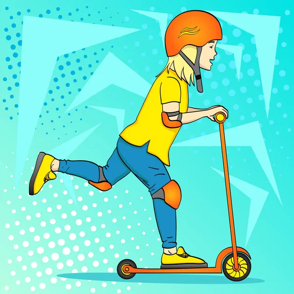 Criança de arte pop em uma scooter pontapé, empurre. Em proteção especial, capacete, cotovelo e joelheiras. Uma menina loira ou um cara hippie . —  Vetores de Stock