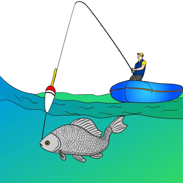 Objet sur fond blanc homme qui pêche en pleine mer. Caricature de pêche. Pêcheur en bateau tirant du poisson . — Image vectorielle