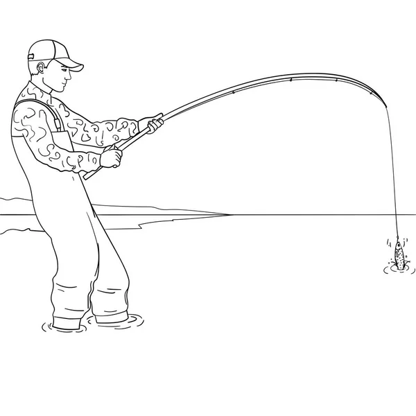 Pescador de arte pop em pé na água e lutando contra o peixe. Piscina de um córrego. Coloração para crianças — Vetor de Stock