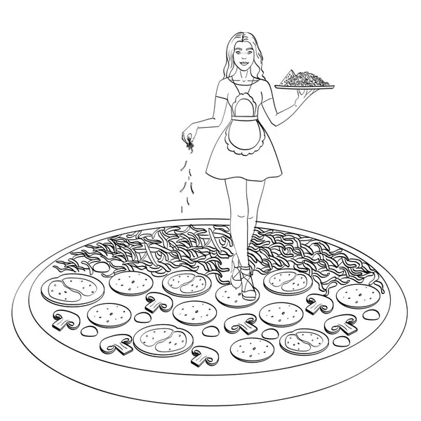 Processus de cuisson de la pizza. Objet isolé sur fond blanc. Coloriage pour enfants — Image vectorielle
