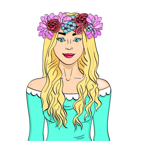 Hermosa y joven chica, rubia. Corona en la cabeza con ramo de flores. Objeto aislado sobre fondo blanco — Vector de stock