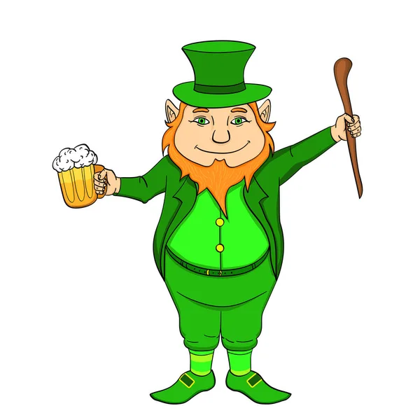 Isolated object on white background Funny leprechaun with a stick and a mug of beer in his hands. St. Patricks Day. — Stock Vector
