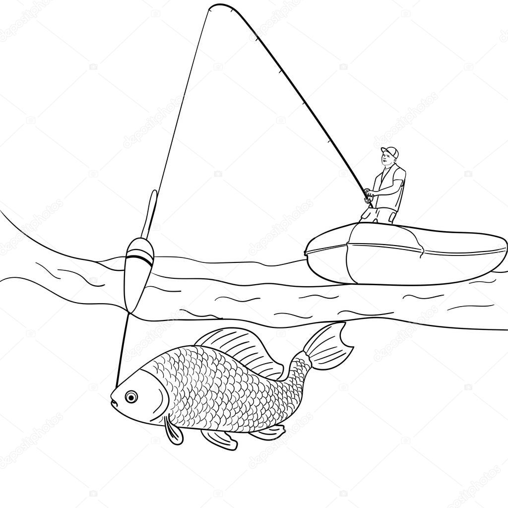 Object on white background man who fishing in open sea. Fisherman in boat pulling fish. Coloring for children vector